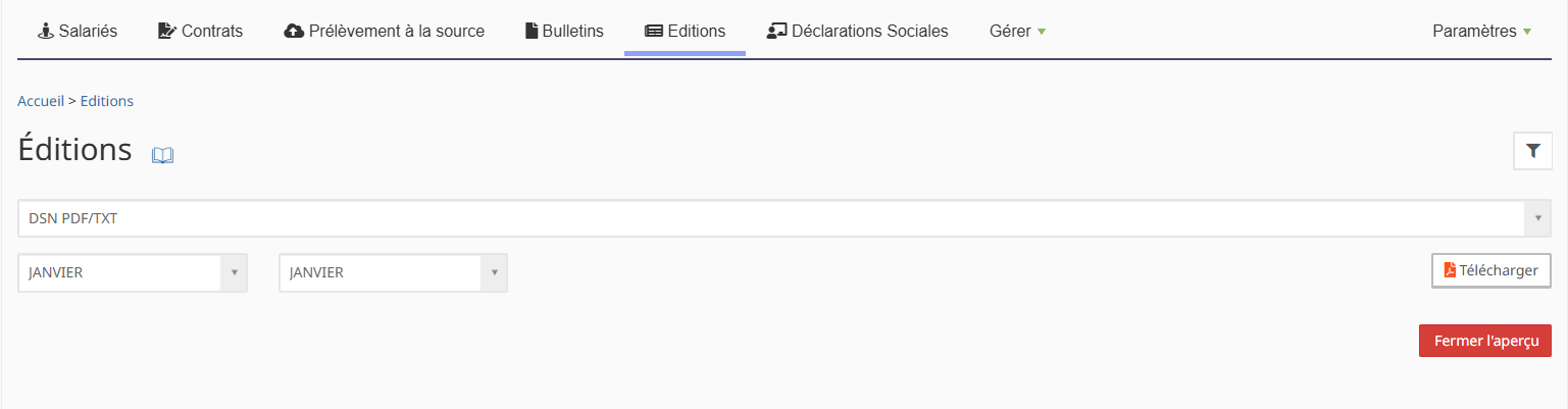 Menu Editions > DSN PDF/TXT dans OpenPaye