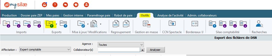 Menu Outils > Exports > Export des fichiers de DSN dans Silae